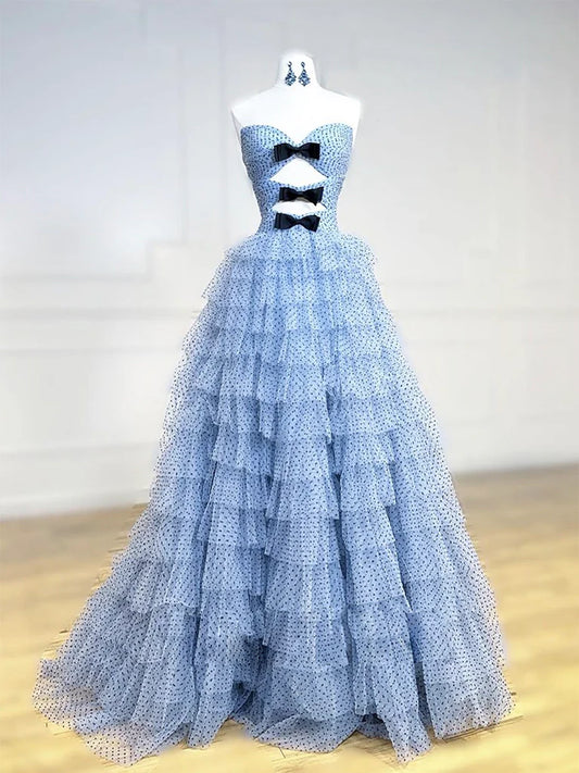A-Linie Herzausschnitt Polka Dots Tüll Blau Langes Ballkleid, Blaues Langes Abendkleid ED0594