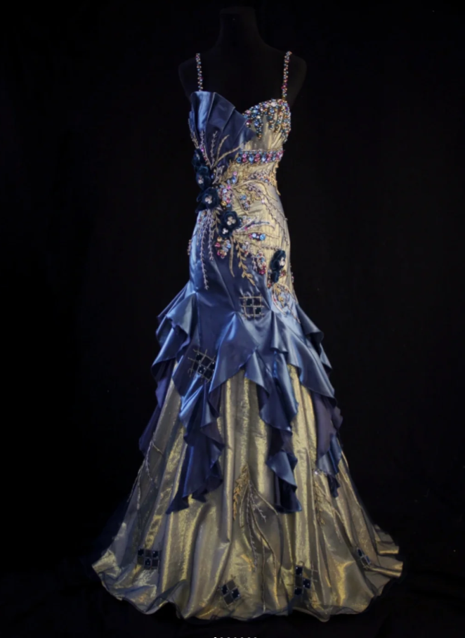 Vintage Blue Sheath Long Prom Dress Satin Beaded Spaghetti Straps Evening Dresses Sleeveless Formal Dresses ED05940