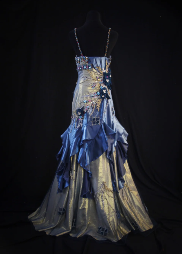 Vintage Blue Sheath Long Prom Dress Satin Beaded Spaghetti Straps Evening Dresses Sleeveless Formal Dresses ED05940