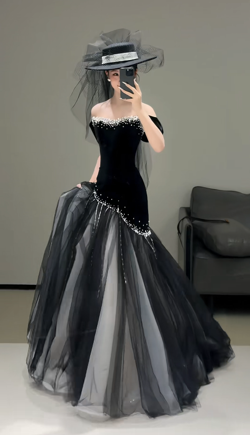 Chic Black Mermaid Long Prom Dress Tulle Off-shoulder Evening Dresses Sleeveless Formal Dresses ED05942