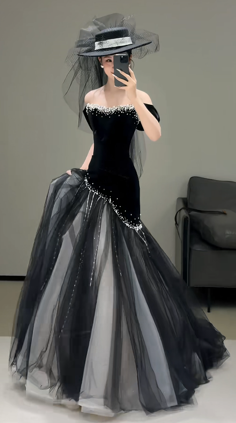 Chic Black Mermaid Long Prom Dress Tulle Off-shoulder Evening Dresses Sleeveless Formal Dresses ED05942