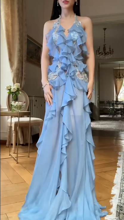 Chic Blue Sheath Long Prom Dress Chiffon Spaghetti Straps Evening Dresses Sleeveless Formal Dresses ED05943