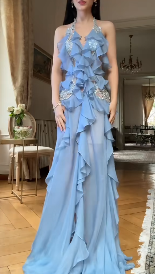 Chic Blue Sheath Long Prom Dress Chiffon Spaghetti Straps Evening Dresses Sleeveless Formal Dresses ED05943