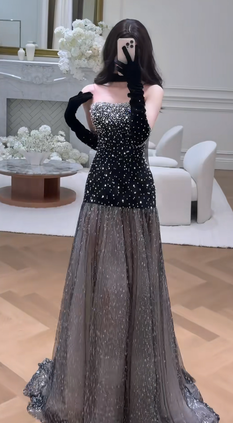 Chic Black Sheath Long Prom Dress Tulle Strapless Evening Dresses Sleeveless Formal Dresses ED05944