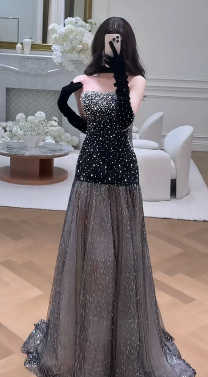 Chic Black Sheath Long Prom Dress Tulle Strapless Evening Dresses Sleeveless Formal Dresses ED05944