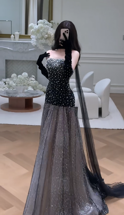 Chic Black Sheath Long Prom Dress Tulle Strapless Evening Dresses Sleeveless Formal Dresses ED05944