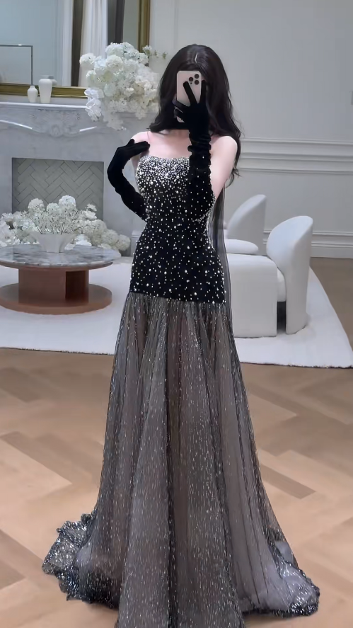 Chic Black Sheath Long Prom Dress Tulle Strapless Evening Dresses Sleeveless Formal Dresses ED05944