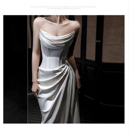 Simple White Sheath Long Prom Dresses Satin Strapless Evening Dresses with Slit ED05945