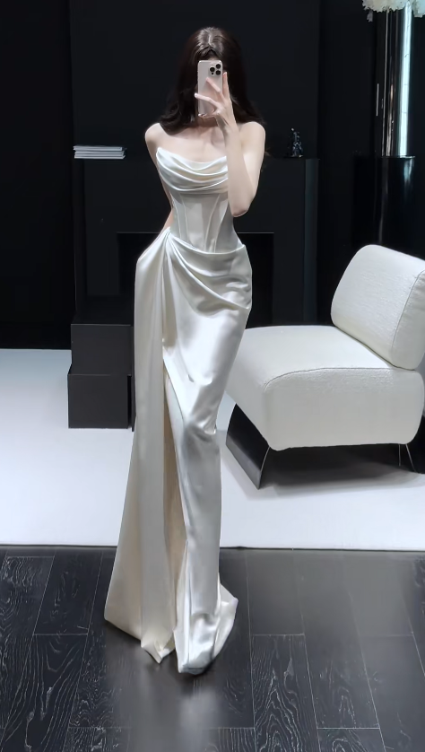 Simple White Sheath Long Prom Dresses Satin Strapless Evening Dresses with Slit ED05945