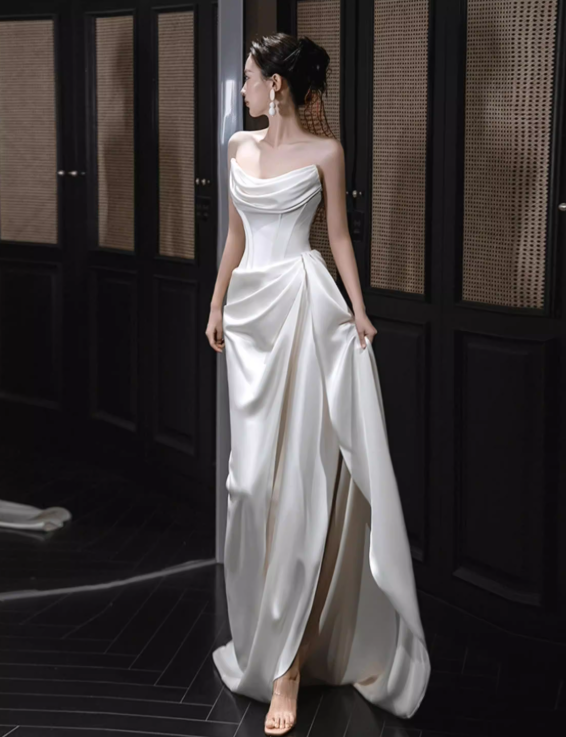 Simple White Sheath Long Prom Dresses Satin Strapless Evening Dresses with Slit ED05945