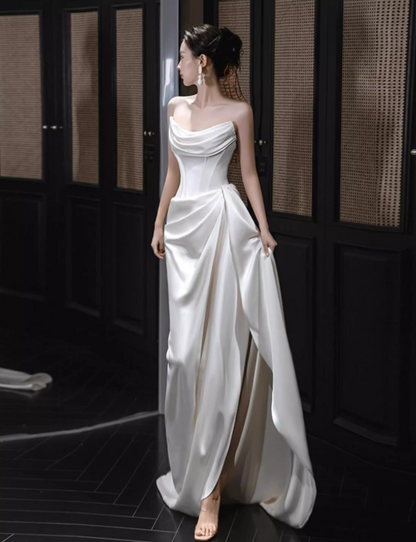 Simple White Sheath Long Prom Dresses Satin Strapless Evening Dresses with Slit ED05945