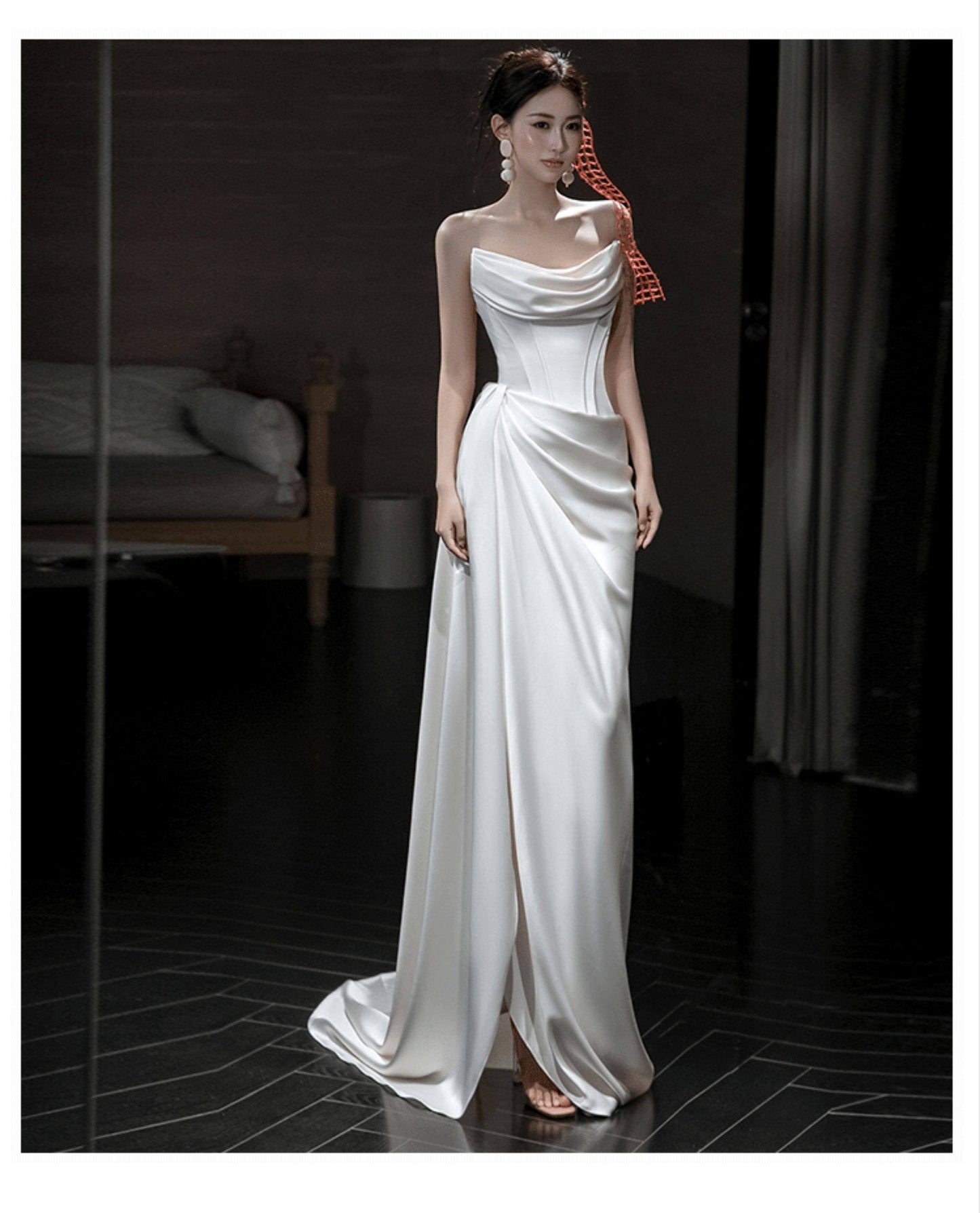 Simple White Sheath Long Prom Dresses Satin Strapless Evening Dresses with Slit ED05945