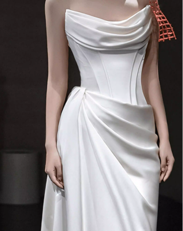 Simple White Sheath Long Prom Dresses Satin Strapless Evening Dresses with Slit ED05945