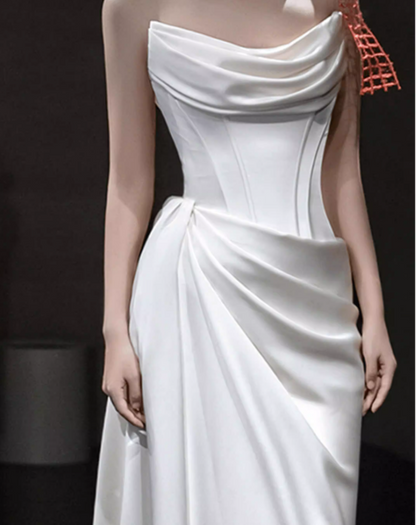 Simple White Sheath Long Prom Dresses Satin Strapless Evening Dresses with Slit ED05945