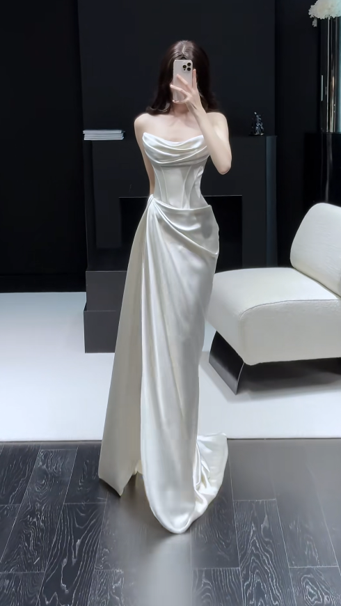 Simple White Sheath Long Prom Dresses Satin Strapless Evening Dresses with Slit ED05945