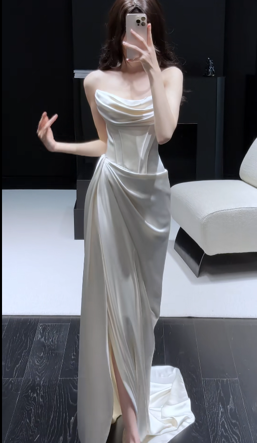 Simple White Sheath Long Prom Dresses Satin Strapless Evening Dresses with Slit ED05945