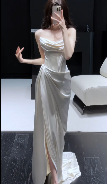 Simple White Sheath Long Prom Dresses Satin Strapless Evening Dresses with Slit ED05945