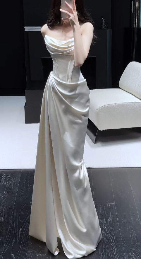 Simple White Sheath Long Prom Dresses Satin Strapless Evening Dresses with Slit ED05945