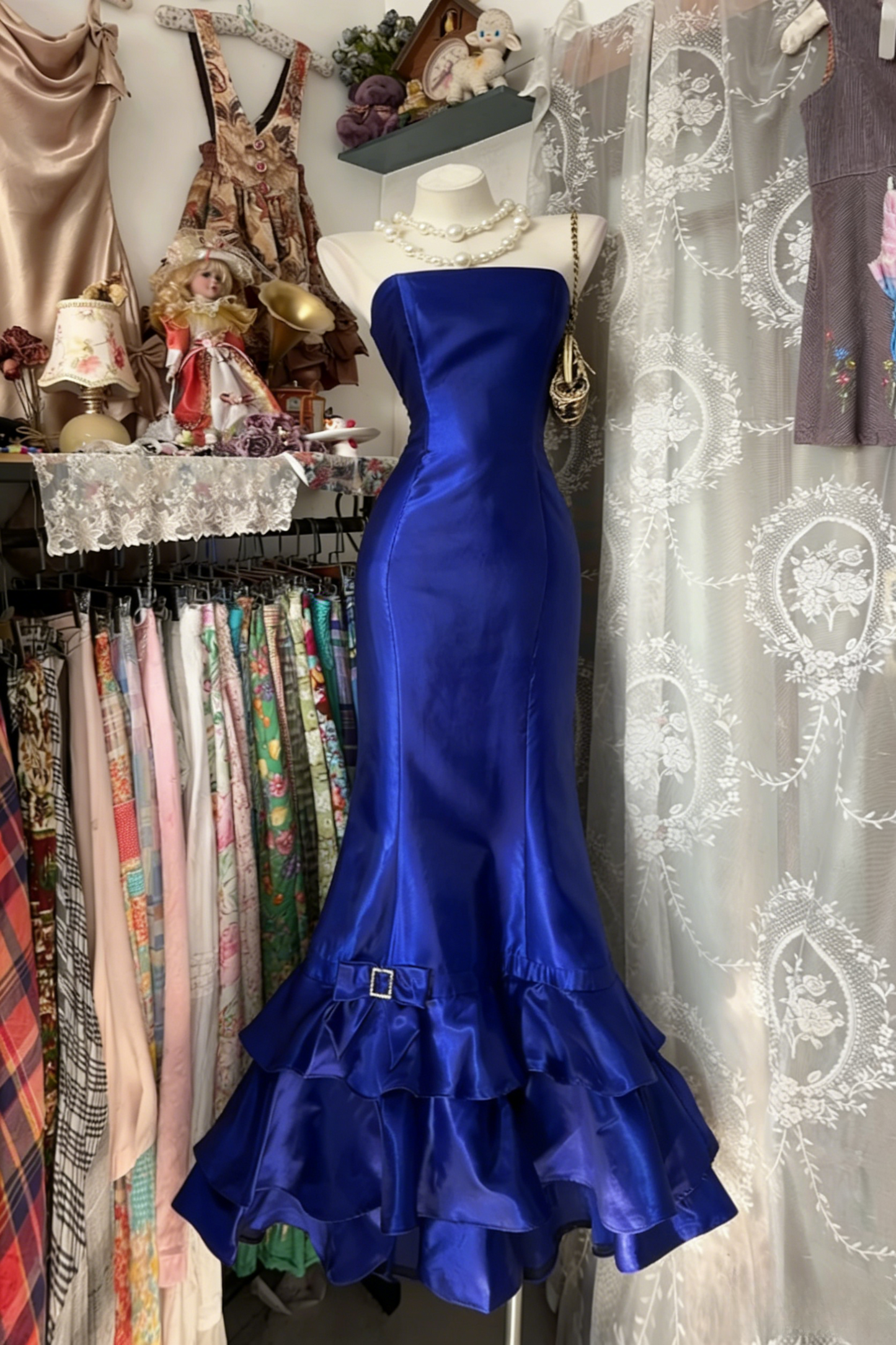 Chic Blue Mermaid Long Prom Dresses Satin Strapless Evening Dresses  ED05946