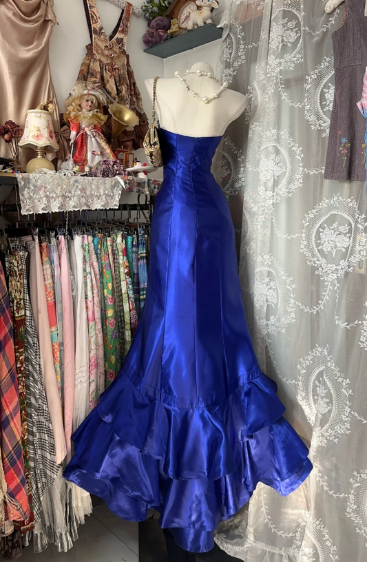 Chic Blue Mermaid Long Prom Dresses Satin Strapless Evening Dresses  ED05946