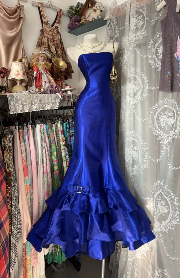 Chic Blue Mermaid Long Prom Dresses Satin Strapless Evening Dresses  ED05946