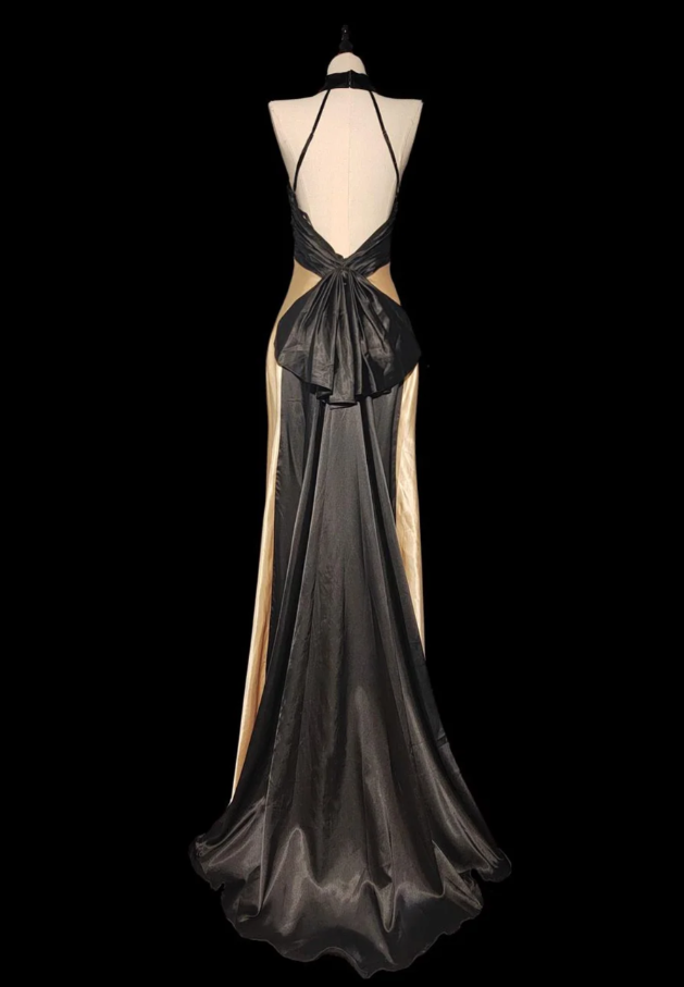 Elegant Champagne Sheath Long Prom Dresses Satin Halter Evening Dresses with Open Back ED05948