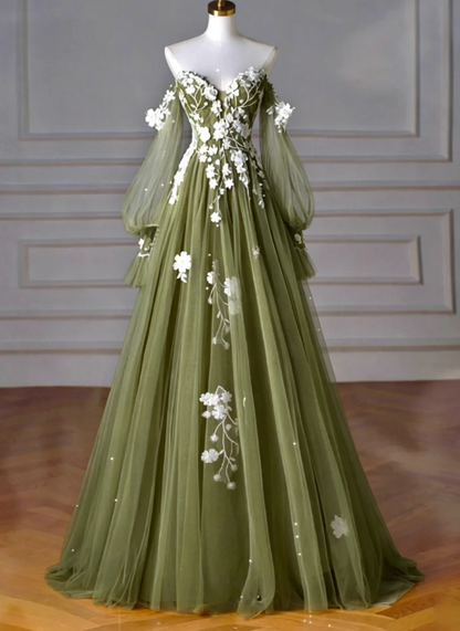 A-Line Long Sleeves Bridal Dress Tulle Lace Bridal Gown Champagne Long Wedding DressED0595