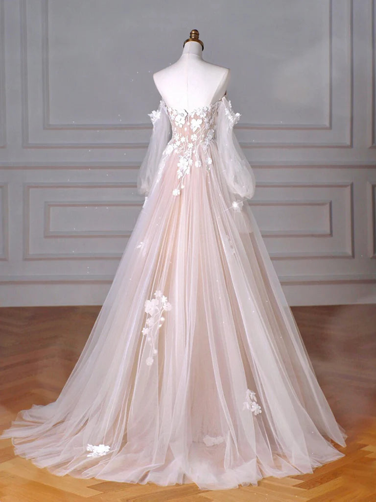 A-Line Long Sleeves Tulle Lace Champagne Long Prom Dress, Champagne Long Formal Dress ED0595