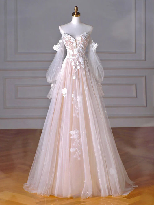 A-Line Long Sleeves Tulle Lace Champagne Long Prom Dress, Champagne Long Formal Dress ED0595