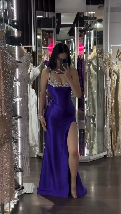 Fashion Purple Sheath Long Prom Dresses Rhinstones Satin Sweetheart  Evening Dresses  ED05951