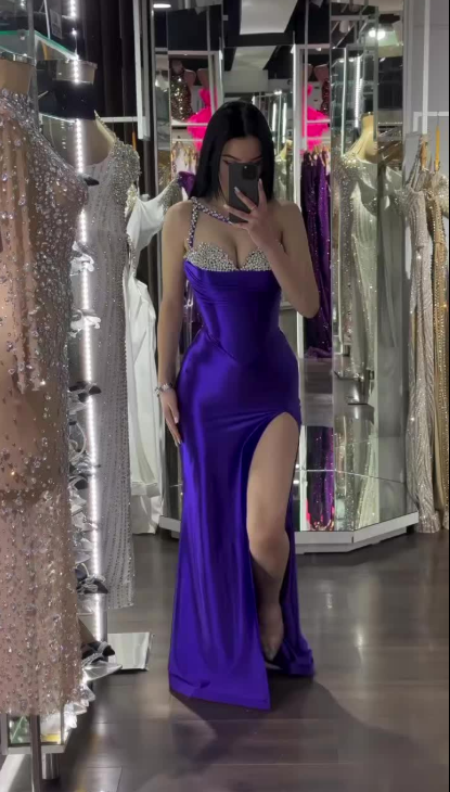 Fashion Purple Sheath Long Prom Dresses Rhinstones Satin Sweetheart  Evening Dresses  ED05951