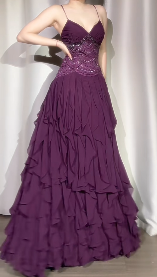 Sexy Grape A-Line Long Prom Dresses Chiffon Spaghetti Straps Evening Dresses Backless Party Dresses ED05955