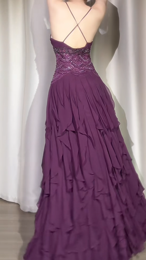 Sexy Grape A-Line Long Prom Dresses Chiffon Spaghetti Straps Evening Dresses Backless Party Dresses ED05955