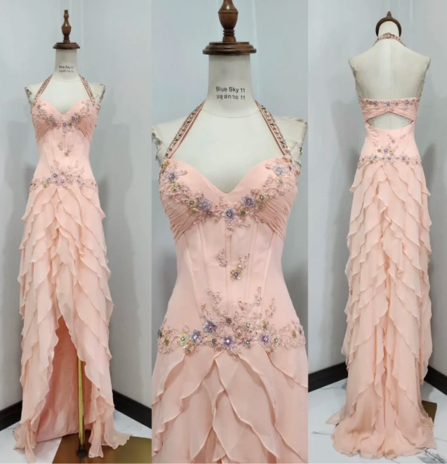 Fairy Pink Sheath Long Prom Dresses Beaded Chiffon Halter Evening Dresses Backless Party Dresses ED05956