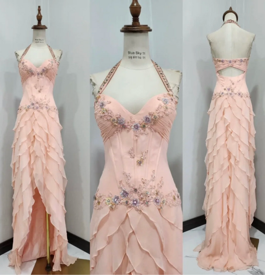 Fairy Pink Sheath Long Prom Dresses Beaded Chiffon Halter Evening Dresses Backless Party Dresses ED05956