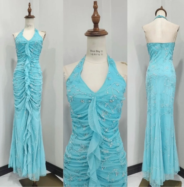 Fairy Blue Sheath Long Prom Dresses Beaded Chiffon Halter Evening Dresses Backless Party Dresses ED05957