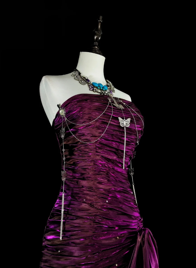 Chic Sheath Long Prom Dresses Purple Birthday Dresses Satin Strapless Evening Dresses ED05959