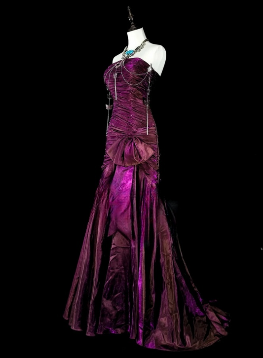 Chic Sheath Long Prom Dresses Purple Birthday Dresses Satin Strapless Evening Dresses ED05959