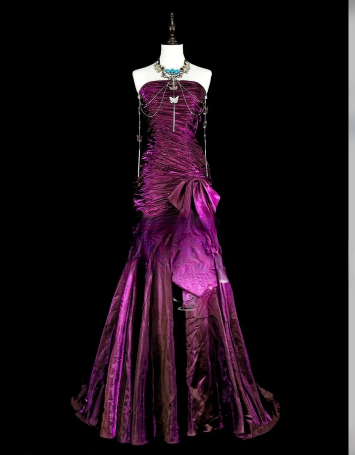 Chic Sheath Long Prom Dresses Purple Birthday Dresses Satin Strapless Evening Dresses ED05959