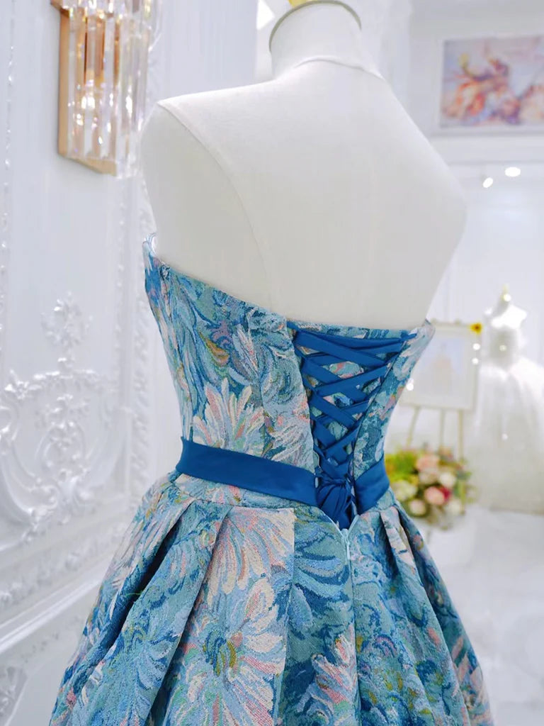 A-Line Flower Satin Blue Long Prom Dress, Blue Long Formal Dress ED0596