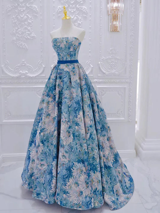 A-Line Flower Satin Blue Long Prom Dress, Blue Long Formal Dress ED0596