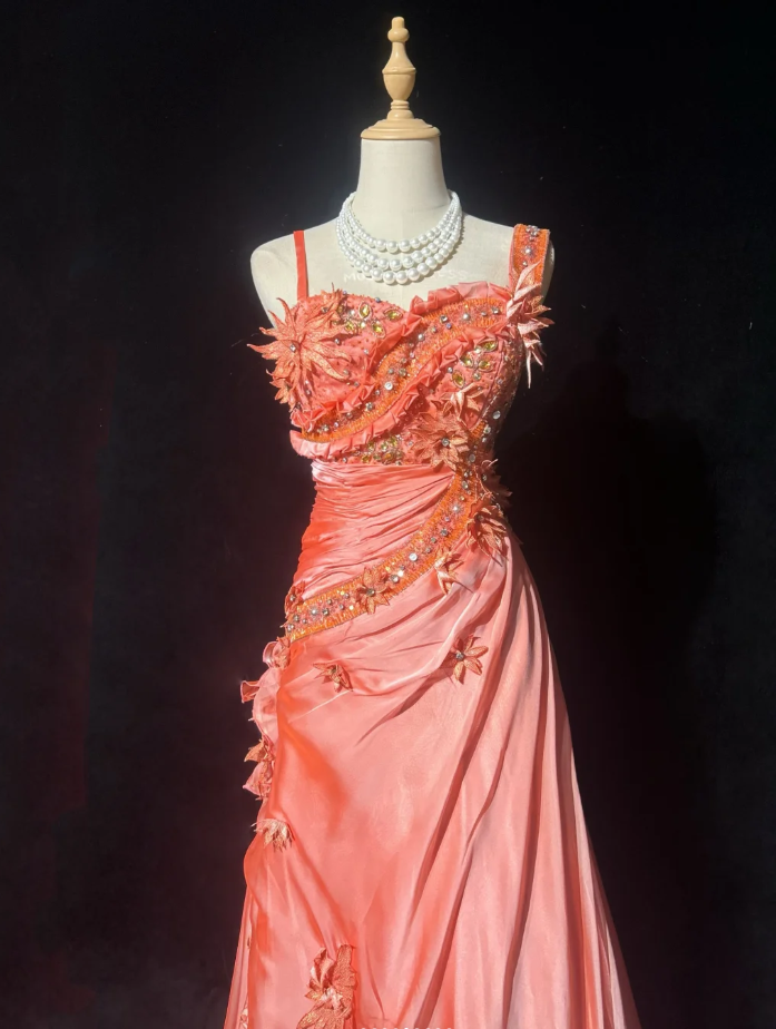 Cute Sheath Long Prom Dresses Coral Birthday Dresses Appliques Satin Straps Evening Dresses ED05960