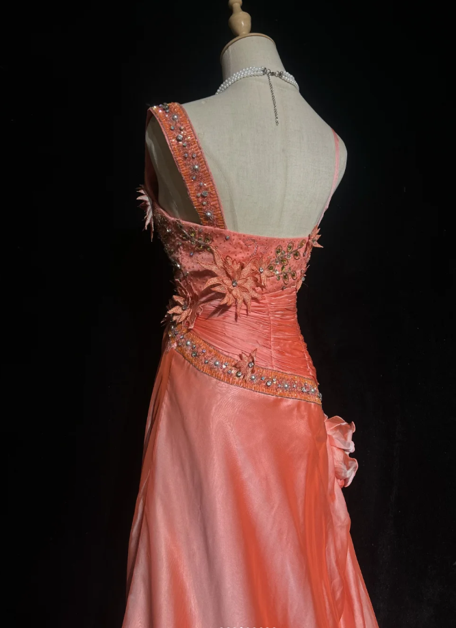 Cute Sheath Long Prom Dresses Coral Birthday Dresses Appliques Satin Straps Evening Dresses ED05960