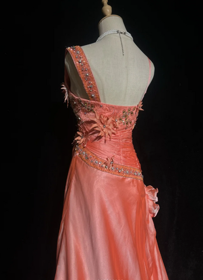 Cute Sheath Long Prom Dresses Coral Birthday Dresses Appliques Satin Straps Evening Dresses ED05960