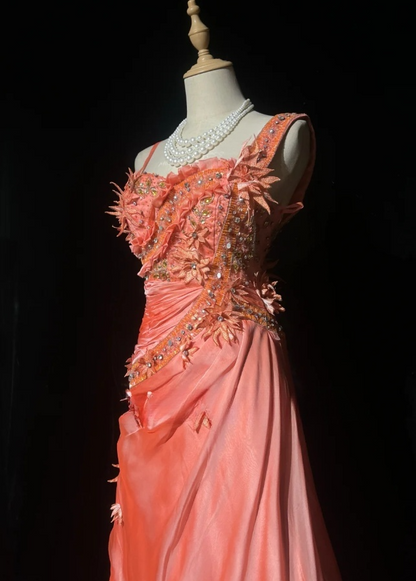Cute Sheath Long Prom Dresses Coral Birthday Dresses Appliques Satin Straps Evening Dresses ED05960