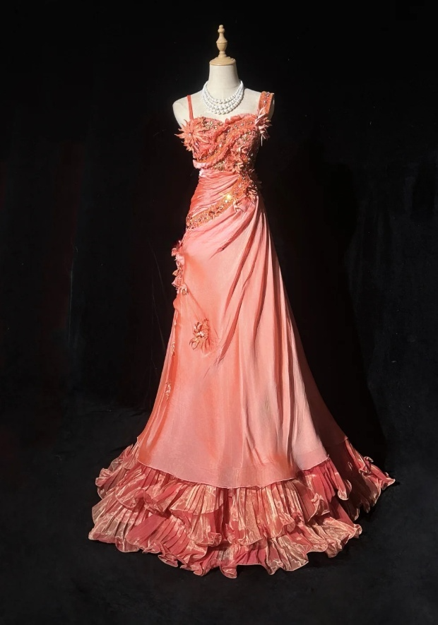 Cute Sheath Long Prom Dresses Coral Birthday Dresses Appliques Satin Straps Evening Dresses ED05960