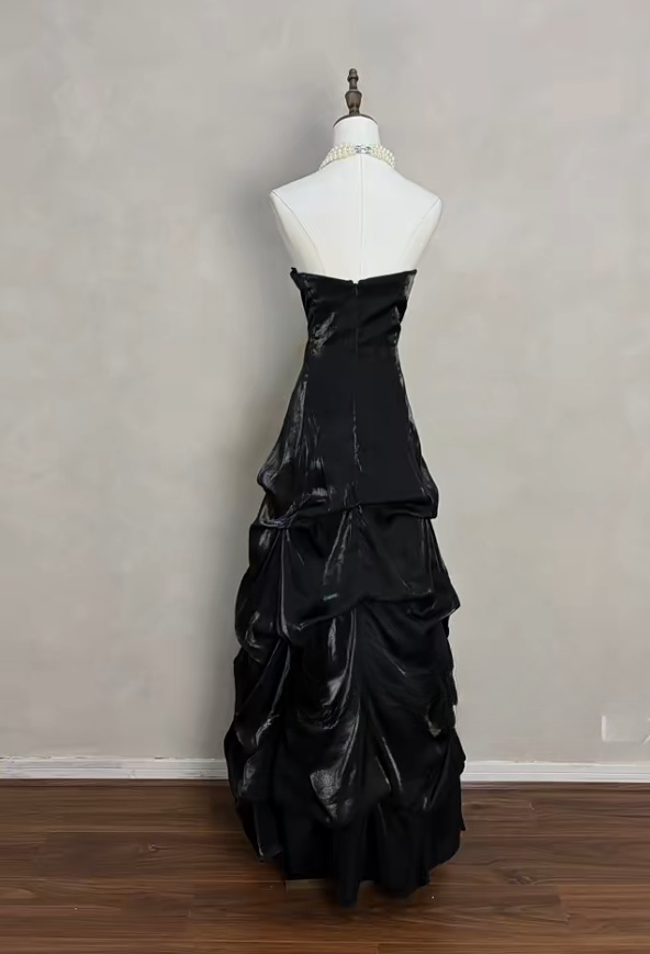Cute A-Line Long Prom Dresses Black Birthday Dresses Satin Strapless Evening Dresses ED05961