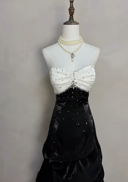 Cute A-Line Long Prom Dresses Black Birthday Dresses Satin Strapless Evening Dresses ED05961