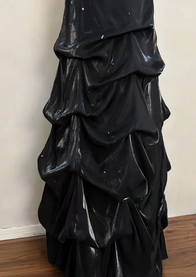 Cute A-Line Long Prom Dresses Black Birthday Dresses Satin Strapless Evening Dresses ED05961