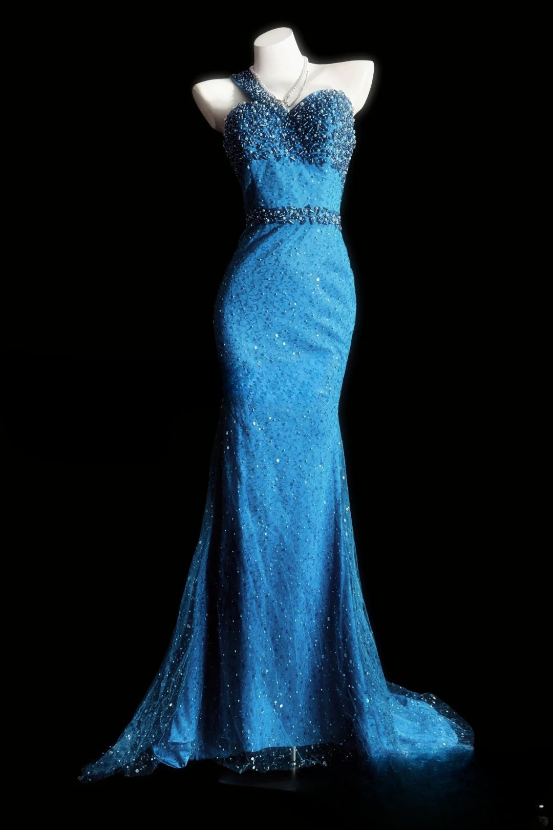 Chic Sheath Blue Long Prom Dresses Tulle Beaded One-shoulder Evening Dresses Sleeveless Party Outfit ED05963